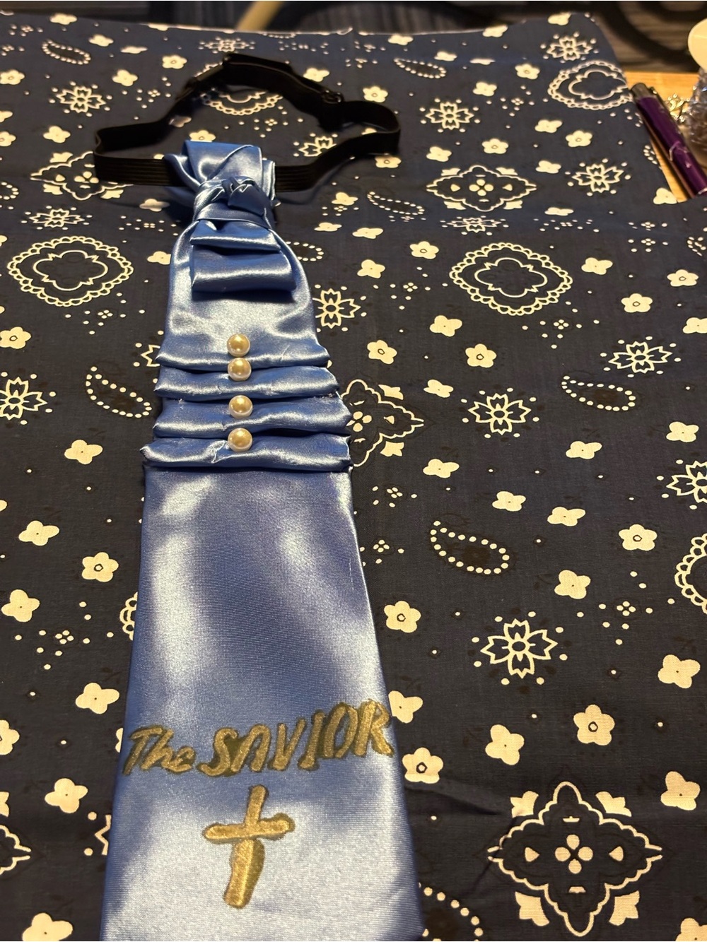 Satin Light Blue Novelty Neck Tie with Pearl Buttons